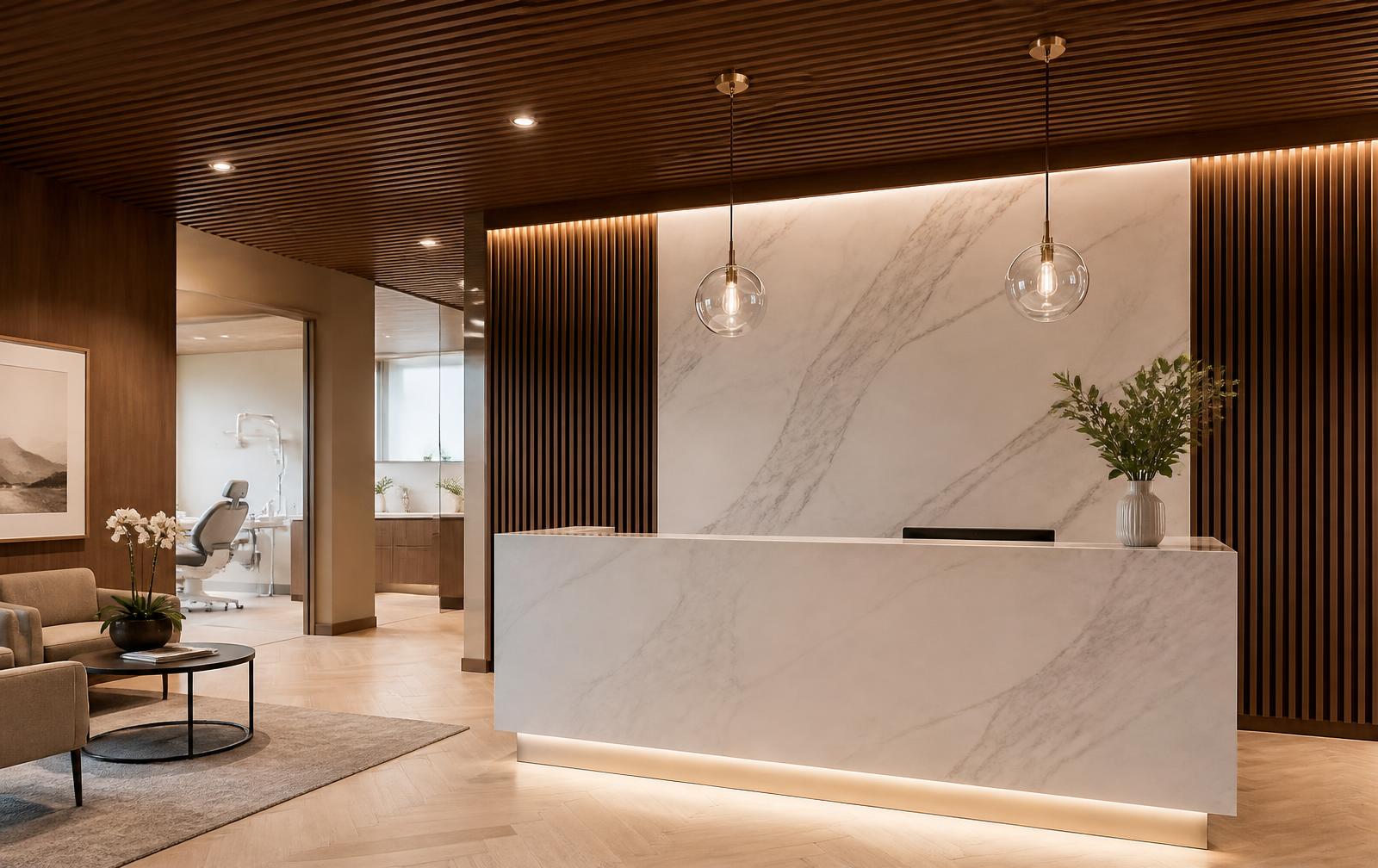 Reception of Bangalore Smiles Dental Care with walnut panelling and a marble desk