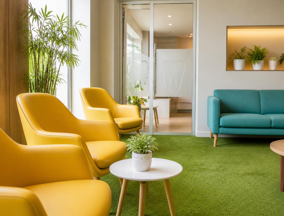 Waiting lounge with mustard armchairs